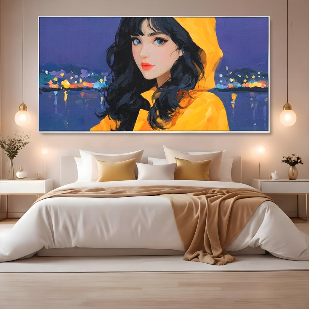 Tablou canvas cu tablou canvas cu femeie in pelerina galben, in rama de aluminiu argintiu, pe perete intr-un dormitor